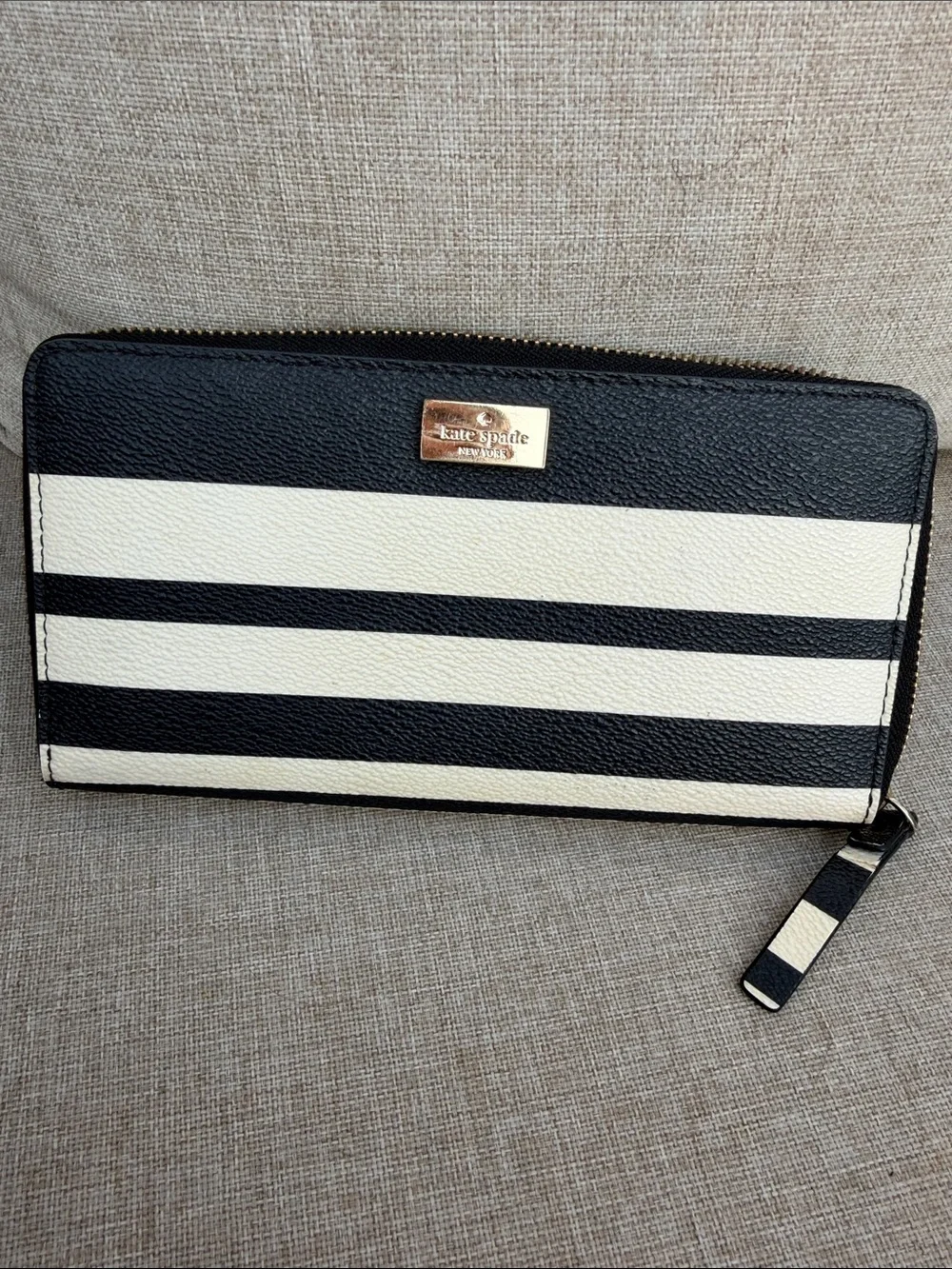 kate spade Black and White Striped Tote with Beige Handles and Matching Wallet